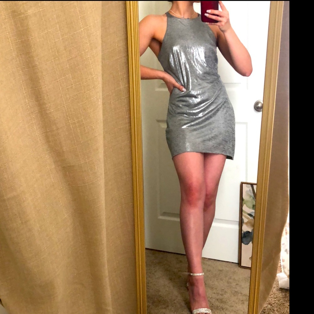 White House Black Market- Metallic gray/silver mid-thigh slip dress (5’4”model)